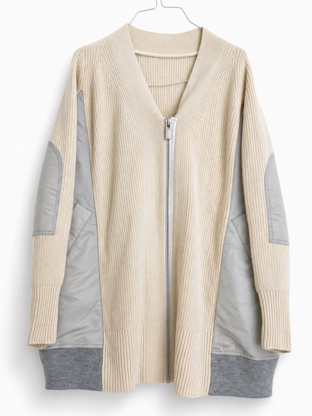 Sacai Hybrid Knit Nylon Blouson Cardigan Jacket Ivory Grey Size Small